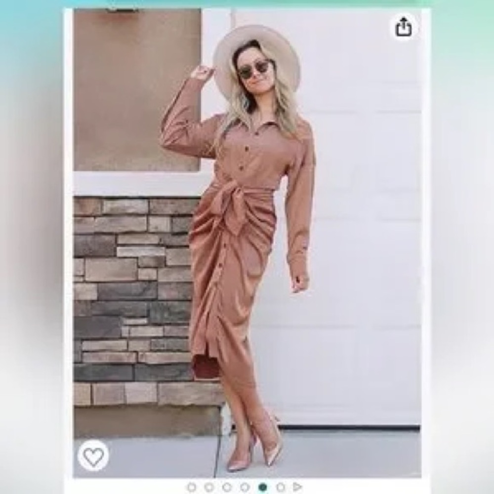 BTFBM Elegant Dusty Rose Long Sleeve Button-Up Wrap Dress